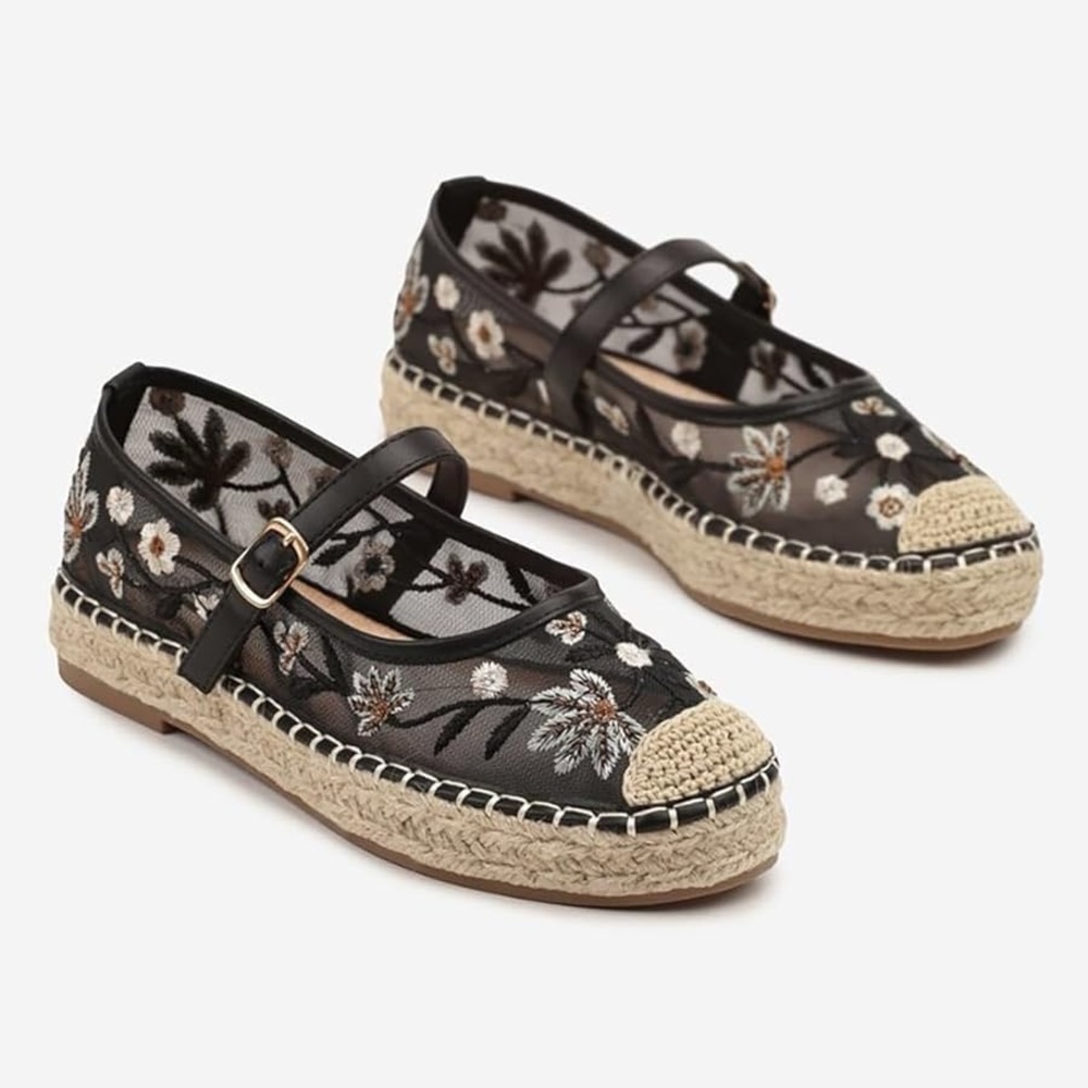 Women Mary Jane Espadrilles Embroidered Mesh Woven Outsole Ballet Flats size 9